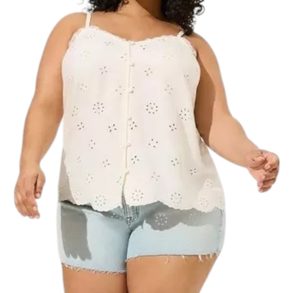 torrid Tops - Torrid Eyelet Swing Cami Cream Lace Trim Button Front Boho Size 00